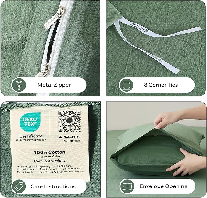 JELLYMONI Duvet Cover King Size - Washed Cotton Comforter Cover with Linen-Like Texture,Breathable & Soft Bedding for Modern Home,Guest Room and Everyday Use,Dusty Green 1 Duvet Cover & 2 Pillowcases