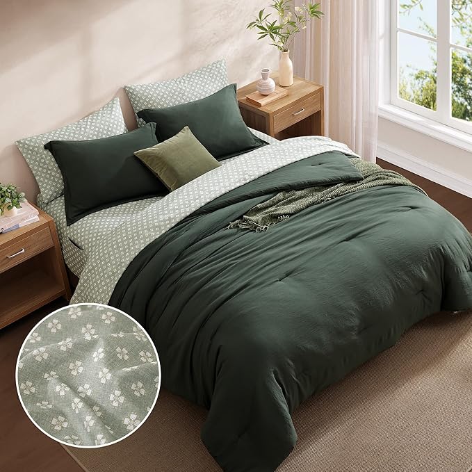 Monbix Queen Comforter Set - 7 Pieces Deep Forest Prewashed Bed in a Bag Queen Bedding Sets with Comforters, All Seasons Ultra Soft Comforter Bed Set with Sheets,Pillowcases & Shams