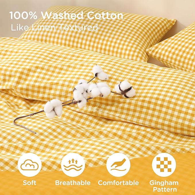 TOCOMOA Yellow Gingham Duvet Cover Bedding Set 100% Washed Cotton Like Linen Feel Super Soft Comfortable 3 Piece Vintage Plaid Checkered Comforter Cover Set (King 104"x90", Comforter Not Included)