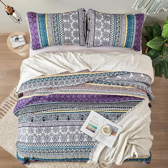 WONGS BEDDING Boho Quilt Set King Size, Purple Bohemian 3 Pieces Quilt Sets, Lightweight Bedspread Coverlet Bedding Set for All Season (103"x90")