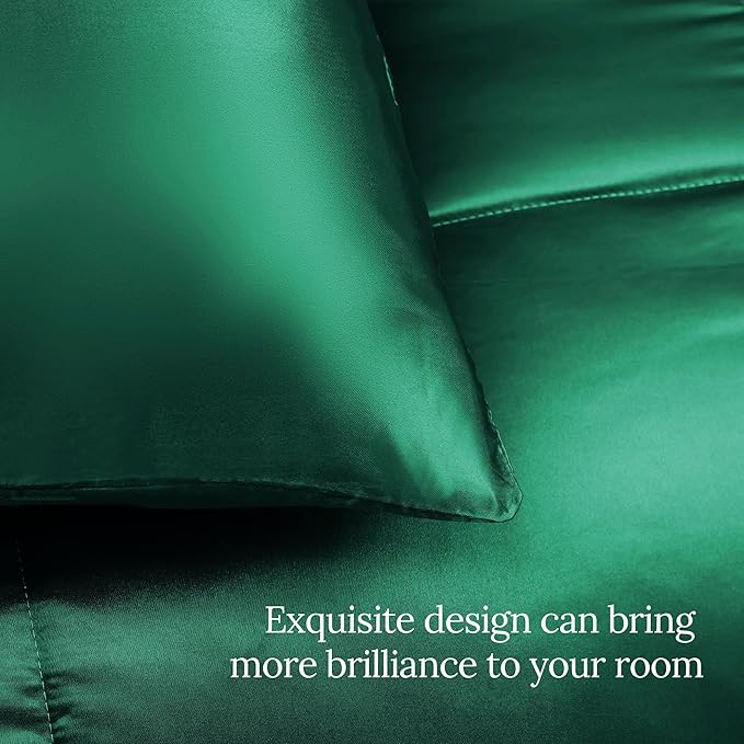 Whale Flotilla 3-Piece Reversible Silky Soft Queen Comforter Bedding Set, Luxurious Satin Comforters Full Size with 2 Satin Pillowcases, Lightweight Duvet for All Seasons, Deep Green
