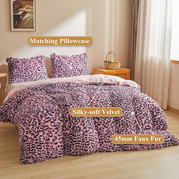 XeGe Cheetah Print Fluffy Faux Fur Duvet Cover Set, 3 Pieces Soft Plush Shaggy Fuzzy Bedding Set(1 Faux Fur Leopard Print Comforter Cover + 2 Furry Pillow Cases), Zipper Closure(King, Black and Pink)