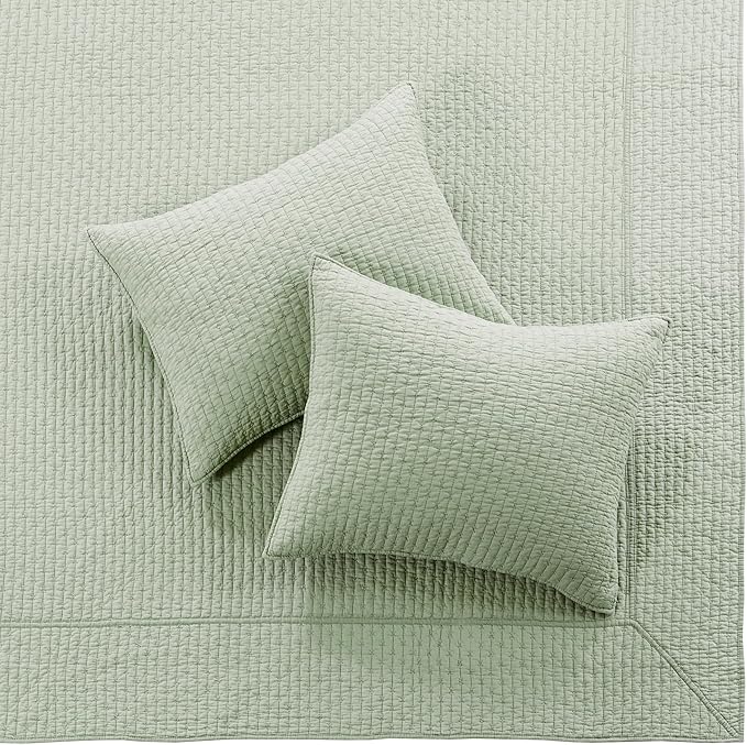 Levtex Home Cross Stitch Reversible King Bedspread Set (120x104in) with 2 Pillow Shams (36x20in) - Stitch Texture - Desert Sage - Cotton King Size Bedspread Set - Soft, Pre-Washed