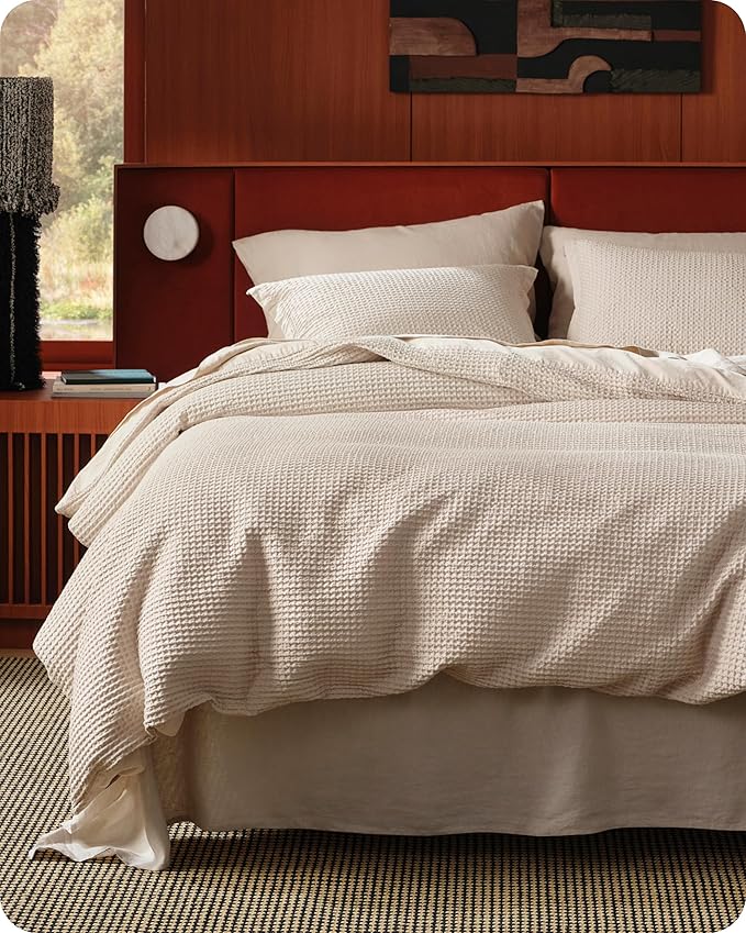 Bedsure Cotton Duvet Cover Set - 100% Cotton Waffle Weave Beige Duvet Cover Oversized Queen Size, GentleSoft™ and Breathable Bedding Set for All Season, 3 Pieces, 98"x98"