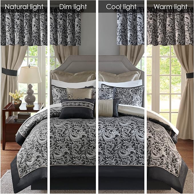 Madison Park Essentials Brystol 24 Piece Room in a Bag Faux Silk Comforter Jacquard Paisley Design Matching Curtains Down Alternative All Season Bedding-Set, Black 24 Piece, King(104 in x 92 in)