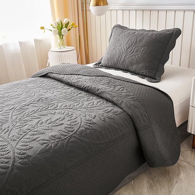 MarCielo 3-Piece 100% Cotton Oversized Bedspread Lightweight Quilt Coverlet Embroidery Farmhouse Bedding Set T0 (Dark Grey, Twin (68"x86"))