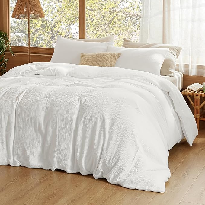 Bedsure 100% Muslin Cotton Duvet Cover King Size - Ultra-Soft, Breathable & Lightweight - Linen Like Gauze Comforter Cover Set with Button Closure and Corner Ties (White, King, 104"x90")