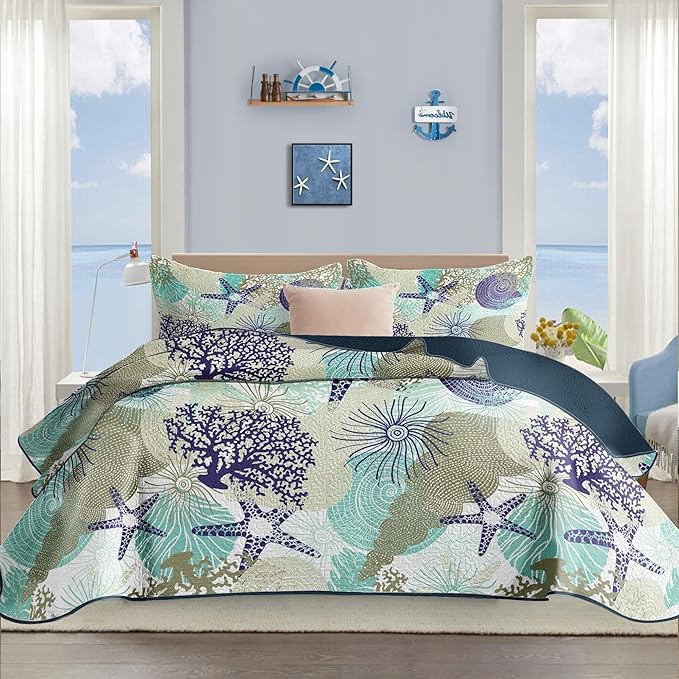 Tritard 3 Piece Coastal Quilt Sets King Size - Reversible Microfiber Quilts with 2 Shams Soft Lightweight Beach Bedding Nautical Bedspread Coverlet Summer Comforter Set for All Season, 106''x96'', C6