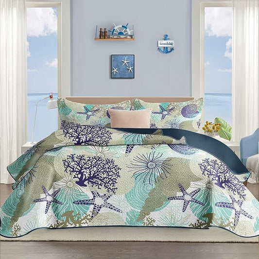 Tritard 3 Piece Coastal Quilt Sets King Size - Reversible Microfiber Quilts with 2 Shams Soft Lightweight Beach Bedding Nautical Bedspread Coverlet Summer Comforter Set for All Season, 106''x96'', C6