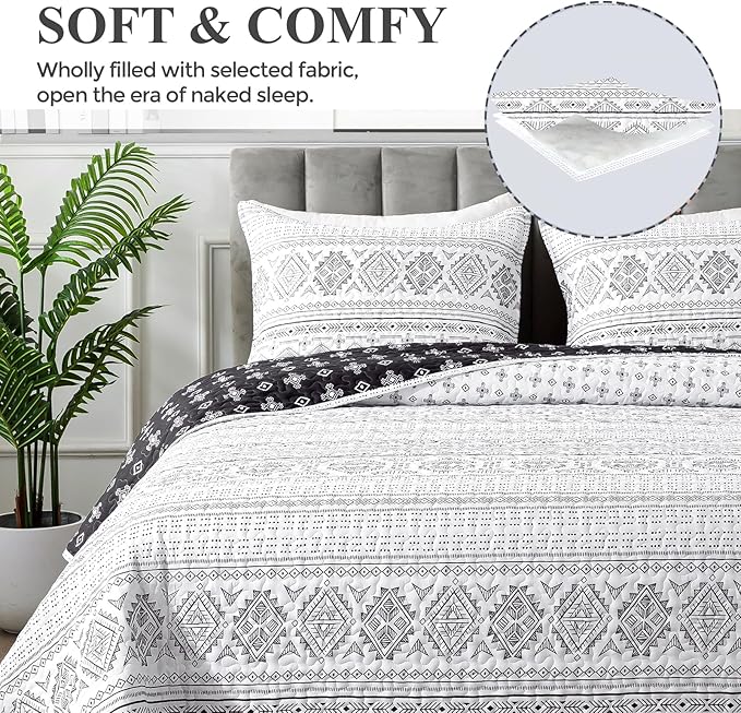 Andency Black White Quilts Queen Size, 3 Pieces Queen Quilt Bedding Set Boho Lightweight Soft Striped Bedspread for All Season (90"x96"), Printed Bohemian Microfiber Reversible Coverlet Comoforter Set