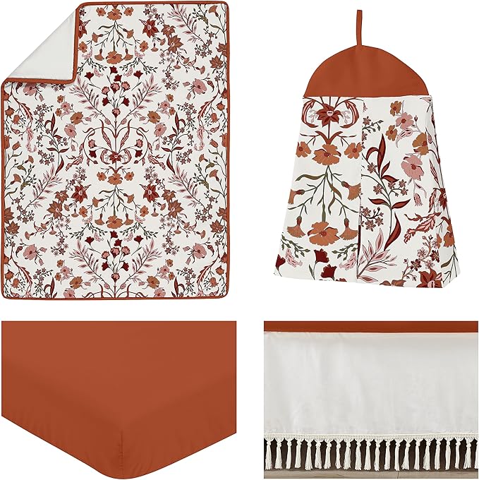 Sweet Jojo Designs Ivory and Orange Boho Vintage Floral Girl Baby Crib Bedding Set Infant Nursery Room Blanket Fitted Sheet Skirt Diaper Stacker 4p Bohemian Rust Daisy Botanical Green Fringe Tassel