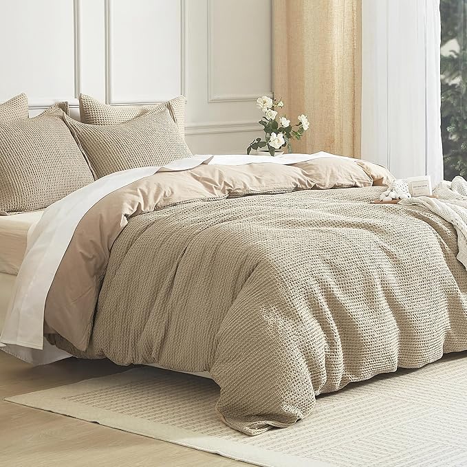 SE SOFTEXLY Waffle Duvet Cover Queen, 100% Cotton Waffle Weave Bedding Duvet Cover Set, Soft and Breathable Comforter Cover for All Season, 3 Pieces Including Pillow Shams（Khaki, 90”x90”）