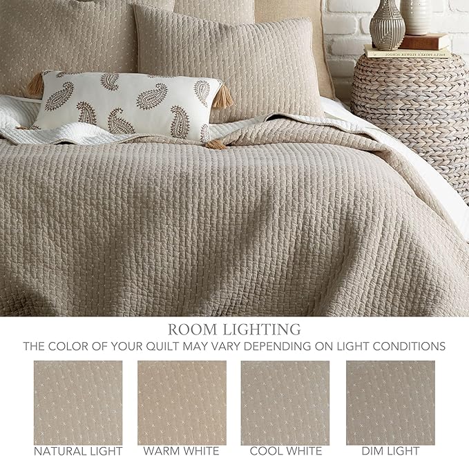 Levtex Home Cross Stitch Reversible King/Cal King Quilt Set (106x92in) and 2 Pillow Shams (36x20in) - Stitch Texture - Taupe - Cotton King Size Quilt Bedding Set - Lightweight Soft Pre-Washed