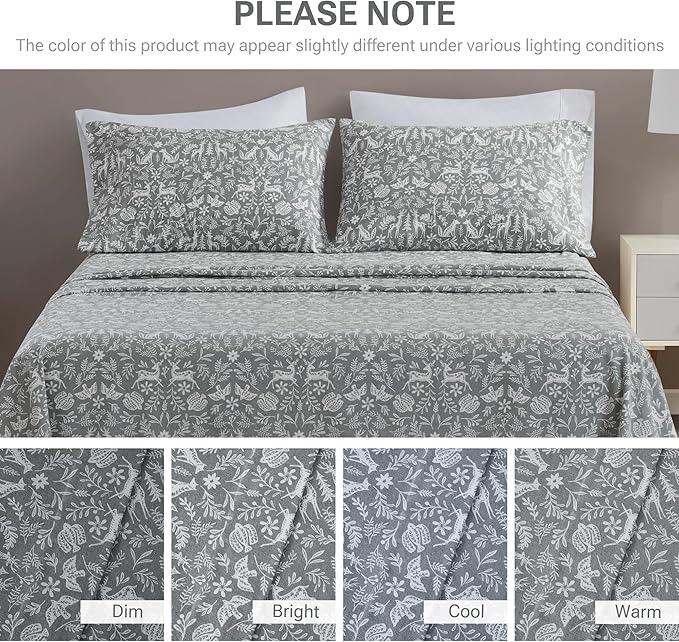 True North by Sleep Philosophy Flannel Sheets King Size, Cozy 100% Cotton Flannel Bed Sheets, Ultra Soft Cute Sheet Set, Novelty Print Themed Cold Weather Warm Bedding Set, Sage Winter Fauna, 4 Piece