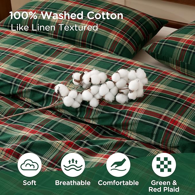 TOCOMOA Christmas Plaid Duvet Cover Set 100% Washed Cotton Like Linen Feel Super Soft Comfy 3 Piece Green Red Gingham Checkered Bedding Comforter Cover Set (Queen 90"x90", Comforter Not Included)