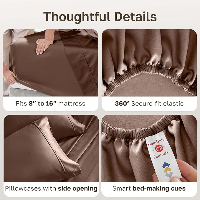 California Design Den Queen Sheet Set - Soft 400 Thread Count Sateen, Natural 100% Cotton Sheets for Queen Size Bed with Deep Pockets, and Durable Bedding Set - Espresso Chocolate Brown