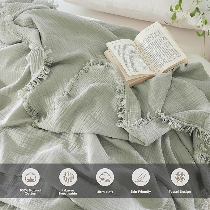 MooMee Muslin Blanket - 100% Cotton 4-Layer Gauze Throw Blanket with Tassels Ultra-Soft Breathable Lightweight Cooling for Bed Couch (Sage Green,Super King 108" x 98")