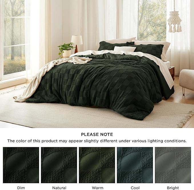 Bedsure Twin/Twin XL Size Comforter Set Dark Olive Green, Boho Tufted Bed Set, Checkered Farmhouse Shabby Chic Bedding, 2 Pieces, 1 Plaid Geometric Comforter and 1 Pillow Sham