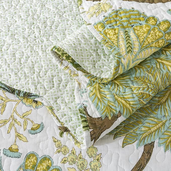 Travan 3-Piece Quilt Set Quilted Bedspread Cotton Coverlet Set Floral Oversized Quilted Bedding Set for All Season, White Vine, Queen Size