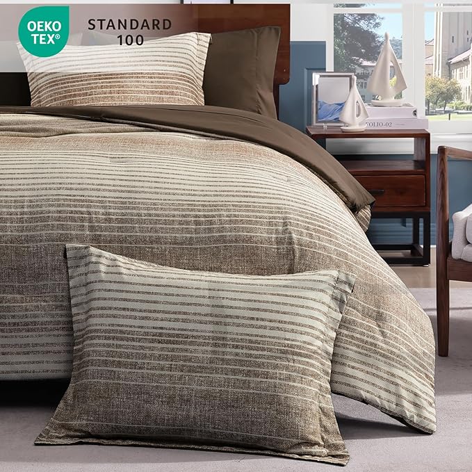 Full Comforter Set Striped, Chocolate Brown Bedding Set 7 Pieces for Boys Girls Teen, All Season Bed in a Bag for Dorm with Sheets, Pillowcases & Shams