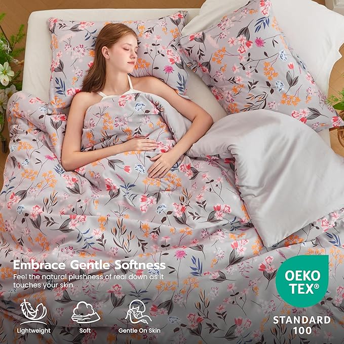 Joiedomi King Size Comforter Set Light Grey, 3 Pieces Floral King Bedding Set with 1 Soft Reversible Flower Comforter and 2 Pillow Shams, Bed in a Bag for All Seasons