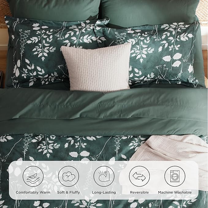 Bedsure Twin Comforter Set - 5 Pieces Floral Forest Green Soft Bedding Sets, Twin Bed in a Bag with Botanical Flowers Comforter, Sheets, Pillowcase & Sham