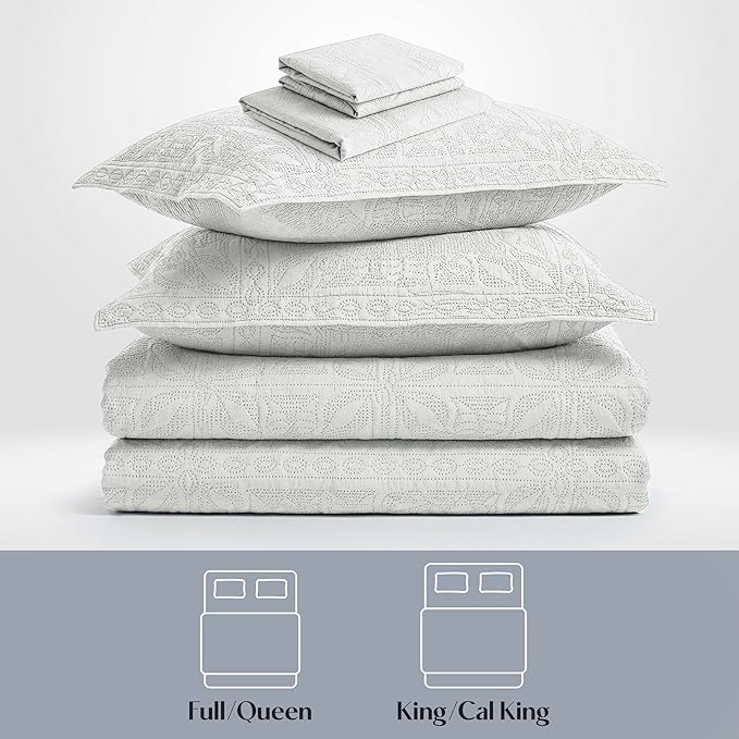 Hearth & Harbor King Quilt Set – All-Season Lightweight Bedspread & Coverlet with Pinsonic Weave - 7 Piece King Quilt Set with Pillow Shams, White - King Grid