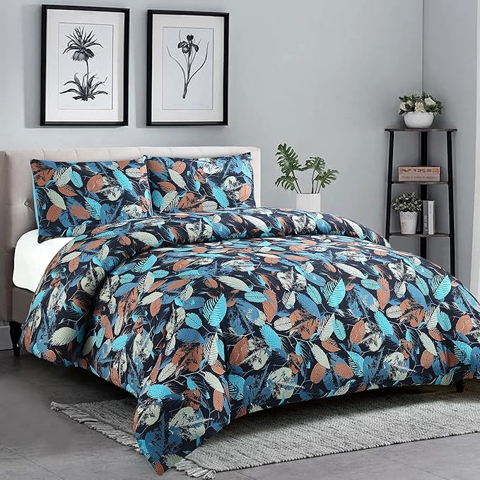 Style Quarters Queen Size Duvet Cover-Leaves Pattern Queen Duvet Cover Set 3PCS Soft Bedding Set Includes 1 Duvet Cover and 2 Pillow Shams 100% Washed Microfiber Duvet Cover with Zipper & Ties