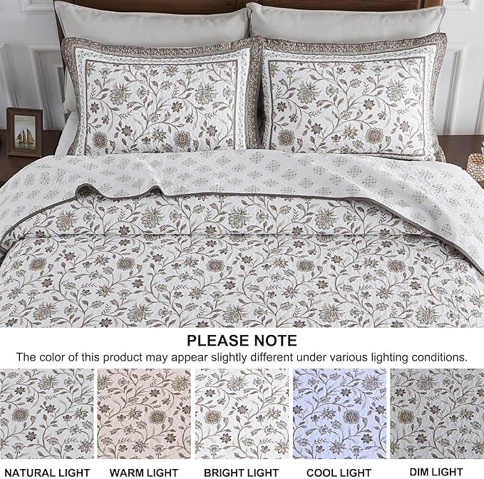 Oversized Queen Bedspreads 120"x102" - 100% Cotton Super King Quilt, Farmhouse Brown Floral Pattern, Extra Large Quilted Coverlet, Lightweight Reversible XL Bedding Set, 3 Pcs