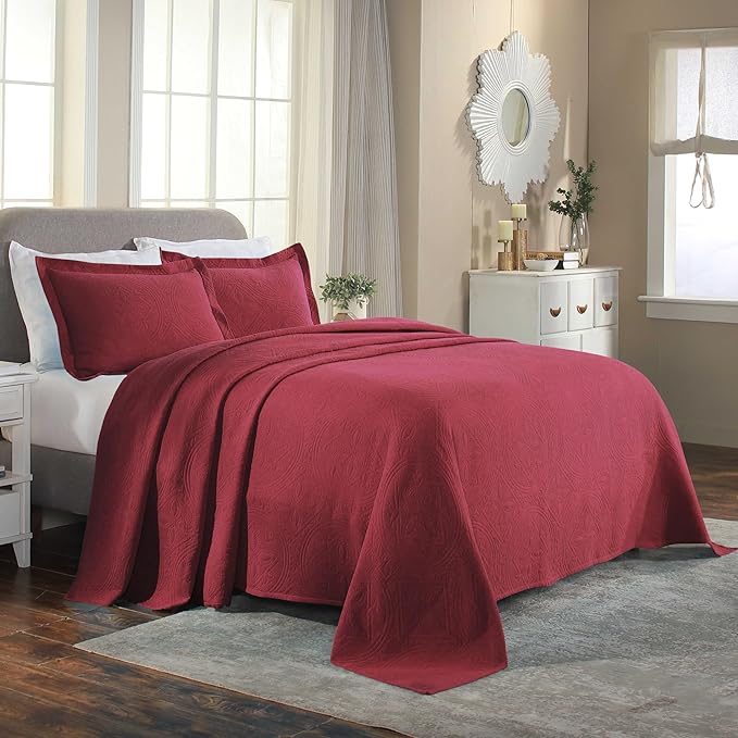 Superior 2 Piece Celtic Circles Cotton Bedspread Set, Decorative Bed Spread, Home Bed Decor, 1 Pillow Sham, Medium Weight Blanket, Matelasse Coverlet Bedding, Wedding Ring Design, Full, Burgundy