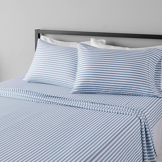 Amazon Basics Lightweight Breathable Super Soft Microfiber 4 Piece Bed Sheet Set, Wrinkle Resistant With 14-inch Deep Pockets - Queen, Dusty Blue Pinstripe, Printed