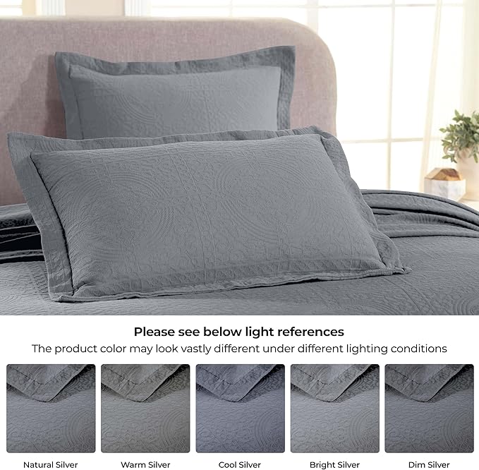 Superior Cotton Fleur De Lis Bedspread Set, Warm Blankets, All-Season Bedding, Bedroom Decor, Decorative Boho Medallion Coverlet, Includes 1 Bedspread, 2 Pillow Shams, King, Grey