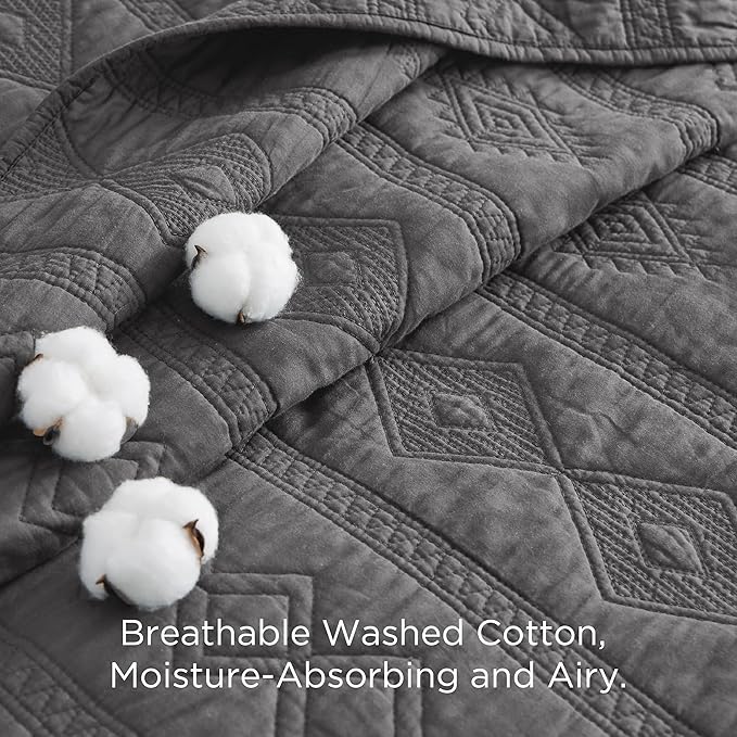 Bedsure 100% Cotton Quilt Set - Lightweight Queen Bedspread, Grey Cozy Bedding Coverlet 3-Piece with Pillow Shams in Geometric Pattern for All Season, 90x96 inches, 100% Cotton Voile