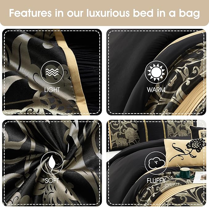 Grand Avenue Jacquard Floral Comforter Set, 7 Pieces California King Black Bedding Set, Matching Pillows & Shams, Bed Skirt, Ultra-Soft, Lightweight Microfiber