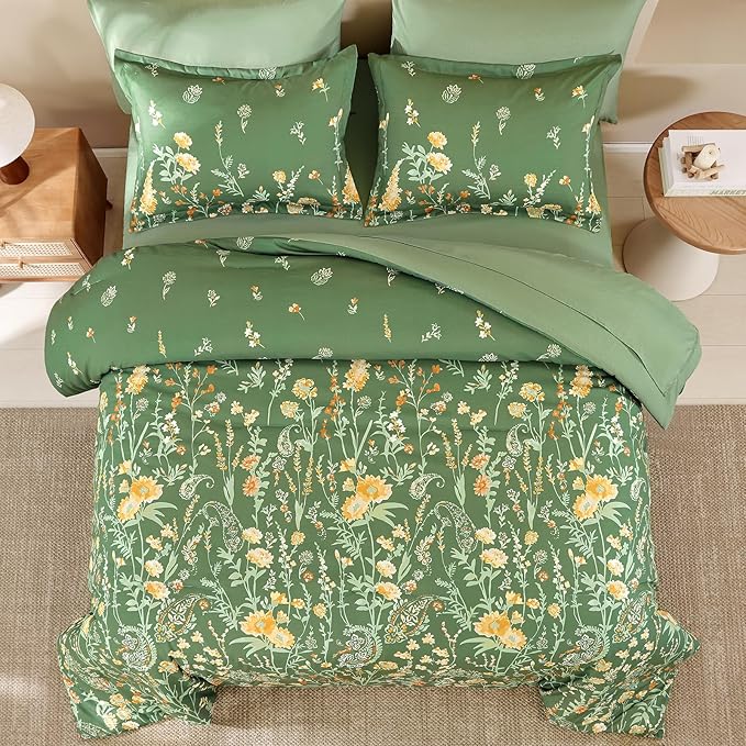 Yiran 7 Piece Sage Green Floral Comforter Set Queen Size, Watercolour Botanical Comforter Bedding Set, Bed in a Bag Queen, Soft Microfiber Complete Bedding Set with Sheets for All Season
