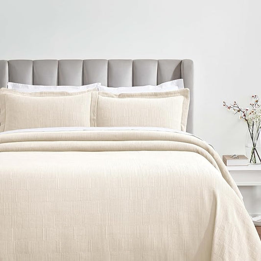 Superior 3 Piece Cotton Bedspread and Sham Set, Home Bed Decor, Decorative Bed Spread, 2 Pillow Shams, Medium Weight, Matelasse Coverlet, Bedding Essentials, Zenith Collection, California King, Ivory