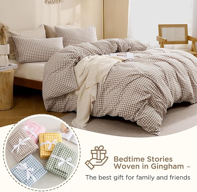 TOCOMOA Tan Gingham Duvet Cover Bedding Set 100% Washed Cotton Like Linen Feel Super Soft Comfy 3 Piece Brown Vintage Plaid Checkered Fall Comforter Cover Set (King 104"x90", Comforter Not Included)