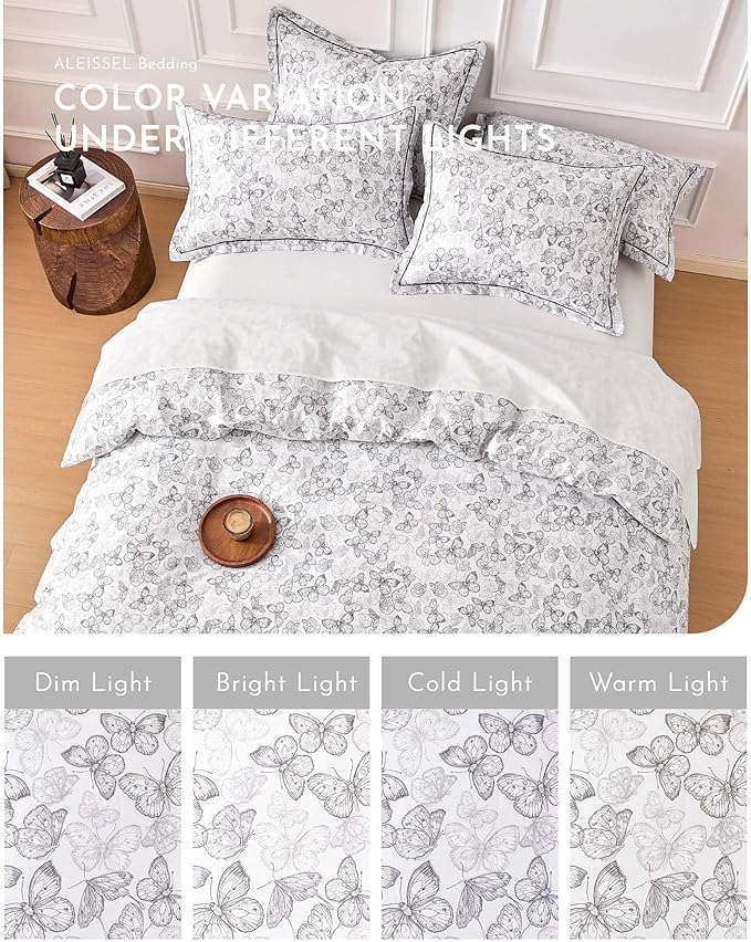 Vintage 100% Natural Cotton Duvet Cover Sets 3Pcs - Elegant Charcoal Gray Sketch Butterflies on White, Artistic Bedding Set with Button Closure(Queen,90"×90"