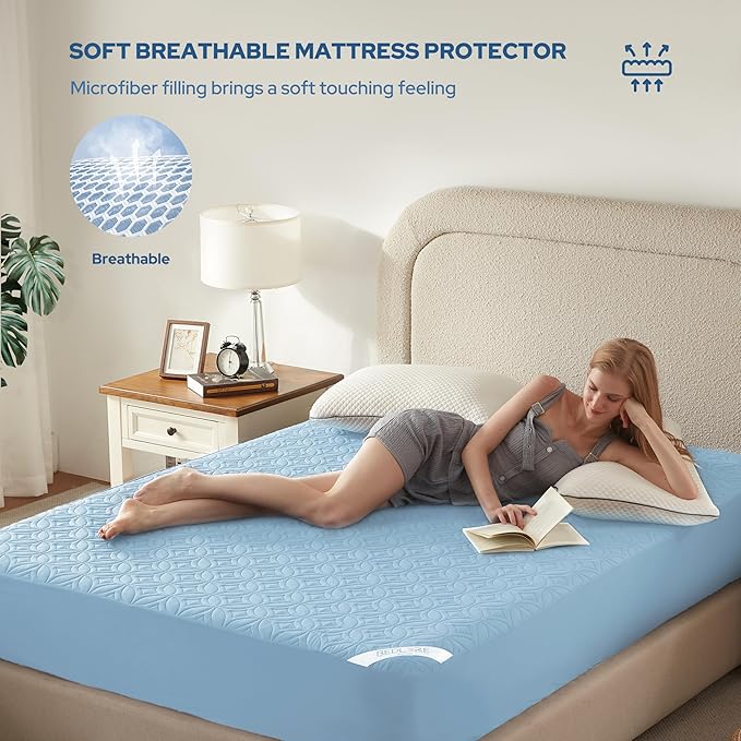 BEDLORE Waterproof Mattress Protector, Cal King Size Mattress Pad with Deep Pocket 6"-21" Depth, Soft Dirt-Proof Double Bed Mattress Cover for Bedroom, College Dorm, Hotel (Sky Blue)