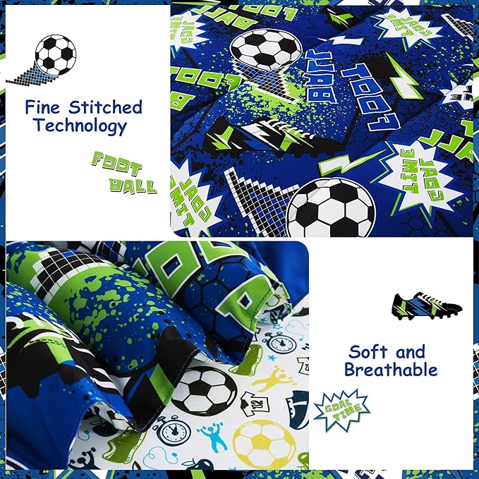 Mooreeke Kids Full Comforter Sets for Boys 8 Pieces Cool Football Bedding Set for Teens Microfiber Blue Green Soccer Kids Bed in A Bag with Comforter, Sheet Set, Shams and Decorative Toy Pillow