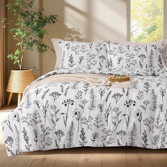 Joiedomi Full Size Comforter Set White, 3 Pieces Floral Full Bedding Set with 1 Soft Reversible Botanical Comforter and 2 Pillow Shams, Bed in a Bag for All Seasons