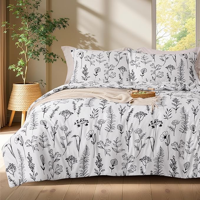 Joiedomi King Size Comforter Set White, 3 Pieces Floral King Bedding Set with 1 Soft Reversible Botanical Comforter and 2 Pillow Shams, Bed in a Bag for All Seasons
