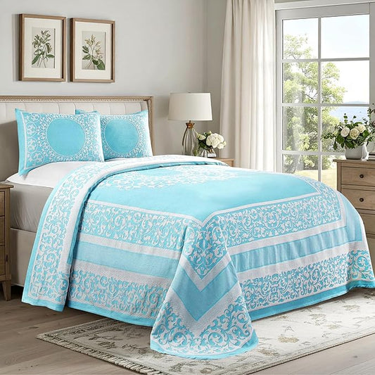 Superior Cotton Blend Bedspread Set, Includes Oversized Bedspread and 2 Matching Pillow Shams, Light Weight Blanket, Bedding Decor, Jacquard Vintage Floral Mandala, Lyron Collection - King, Aqua