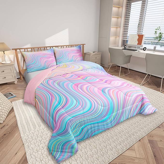 Feelyou Girls Pink Comforter Set King Size Kids Rainbow Stripe Bedding Set for Boys Teens Women Die Tye Comforter Breathable Geometric Duvet Princess Decor Quilt,1 Comforter with 2 Pillowcase