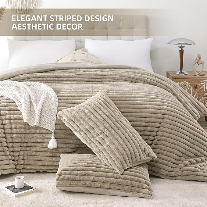 Smoofy Fluffy Twin Comforter Sets 2 Pieces - Linen Fleece Fluffy Comforter Set, Luxury Fuzzy Twin Bedding Set, Soft Warm Comforter All Season, Heavy Faux Fur Comforter with Pillow Cases