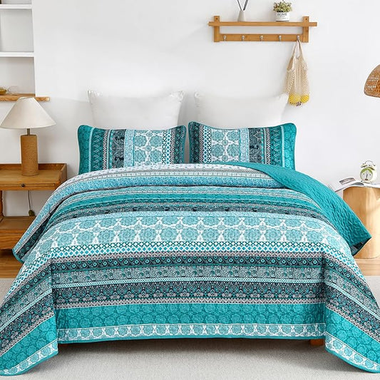 WONGS BEDDING Boho Quilt Set King Size, Teal 3 Pieces Bohemian Striped Patchwork Bedspread Coverlet, Lightweight Soft Microfiber Bedding Set for All Season (104"x90")