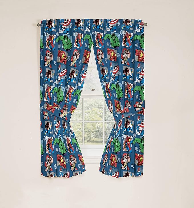 Jay Franco Marvel Avengers Fighting Team 63" Inch Drapes - Beautiful Room Décor & Easy Set Up, Bedding - Curtains Include 2 Tiebacks, 4 Piece Set (Official Marvel Product)