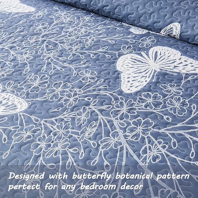 Yogeneg King Size Quilt Set,White Butterfly Botanical Pattern Blush Grey Bedding Set,3 Piece Lightweight Soft Summer Bedspread Coverlet with 2 PIillow Sham for All Season(Butterfly,110"x96")