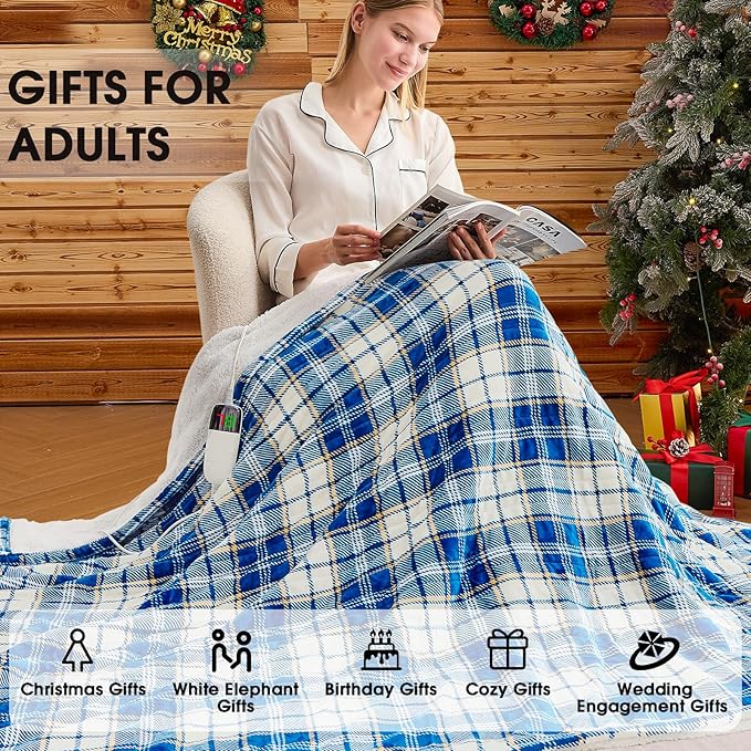 Heated Electric Blanket Queen Size, 84X90 Heating Blanket Queen with Dual Control&10 Heats Levels&Timer for Bed,Blue Plaid Sherpa Soft Blankets Warmer Gift for Grandma Women Adults, Washable