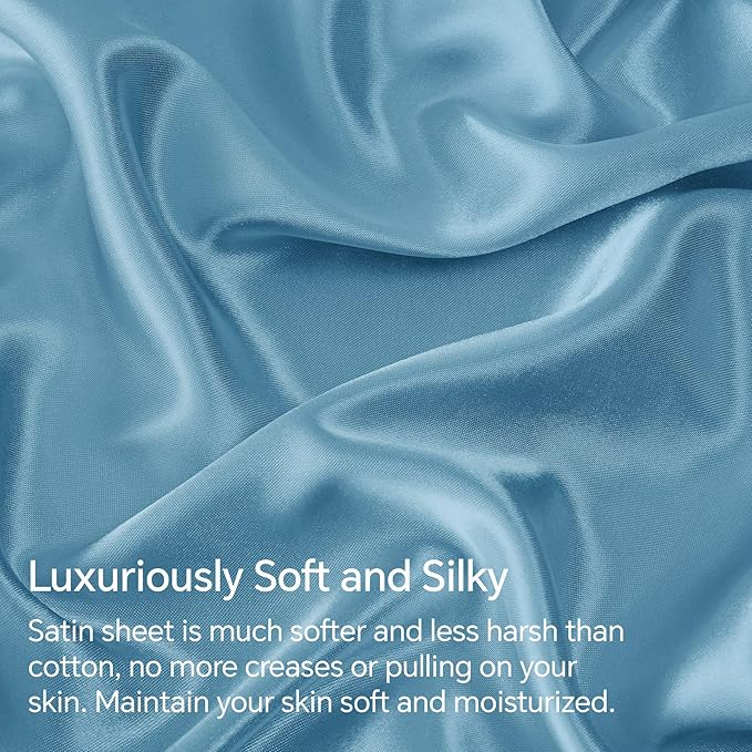 BEDELITE Satin Sheets Full Size Bed Set, Luxury Soft Airy Blue Silky Sheets for Hair and Skin, Similar to Silk Bed Sheets Set 4 Pieces with 1 Deep Pocket Fitted Sheet, 1 Flat Sheet, and 2 Pillowcases